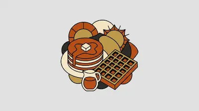 Flat illustration of a stack of pancakes with syrup, a waffle, and a small pitcher on a light gray background