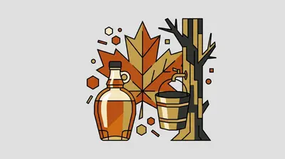 A glass jug of syrup in front of a large maple leaf, beside a bucket hanging from a spout in a bare tree trunk.