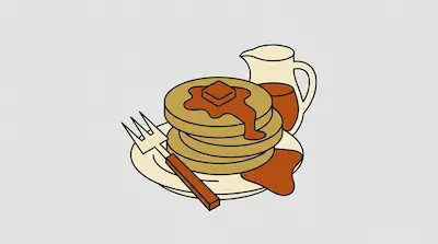 Flat illustration of a stack of pancakes with syrup and butter on a plate next to a fork and a syrup pitcher