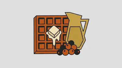 Flat illustration of a square waffle with melting butter, a syrup pitcher, and berries on a light gray background