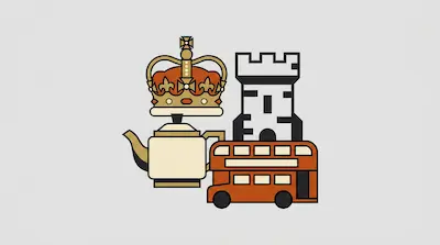 A crown sits on a teapot next to a castle tower and a double-decker bus.
