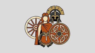Flat illustration of a Spartan warrior figure with a crested helmet, a round shield, and a wooden chariot wheel