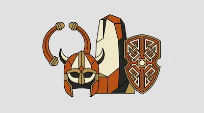 Flat illustration of a Viking helmet, a patterned shield, and a standing runestone in orange and tan tones