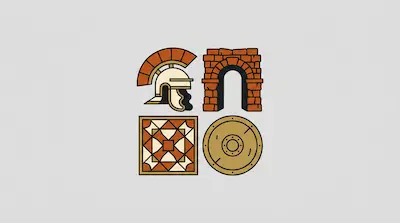 Flat illustration of a Roman helmet, a stone archway, a mosaic tile, and a round shield on a gray background