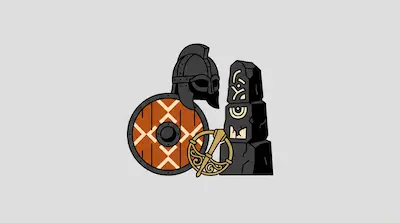 Flat illustration of a Viking helmet, a round wooden shield, and a stone monolith with glowing runes on a grey background
