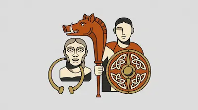 Flat illustration of a Celtic warrior with a shield, a boar-headed carnyx, and a stone bust on a grey background