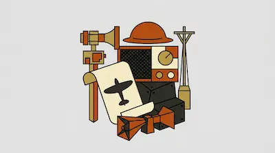 A collection of stylized objects including a radio, a helmet, loudspeakers, and a document with an airplane silhouette.