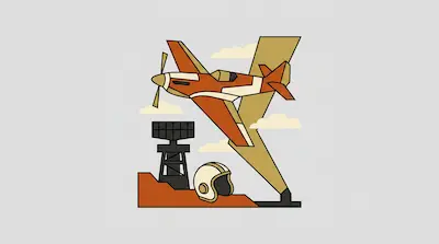 An orange and white propeller plane flies in front of a large tan letter Y, with a radar tower and pilot helmet below.