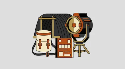 A studio light on a tripod, a cylindrical bag, and a document are grouped together in a flat graphic style.