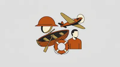 Stylized illustrations of a military helmet, a vintage airplane, a rowboat, a lifebuoy, and a person.