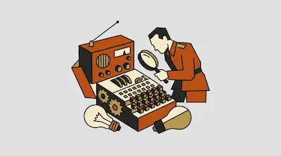 A person in a red uniform uses a magnifying glass to inspect a mechanical device with gears and buttons, accompanied by a radio and light bulbs.