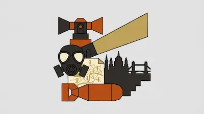 A graphic collage featuring a gas mask, an air raid siren, a searchlight beam, a map with bomb icons, a silhouette of the London skyline, and a large bomb.
