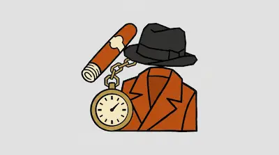 Flat illustration of a detective's brown trench coat, black fedora hat, pocket watch, and a cigar on a gray background