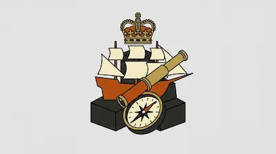A crown sits atop a sailing ship, with a telescope and a compass positioned in front.