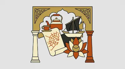 An ornate archway frames a teapot, teacup, map scroll, dhow boat, and lotus flower.