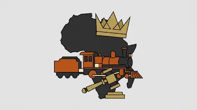 A black silhouette of Africa featuring a gold crown on top, an orange steam train across the center, and a gold gavel at the bottom.