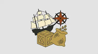 A sailing ship, a compass rose, a wooden crate, and a sack of grain.
