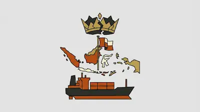 A broken crown floats above a map of the Indonesian archipelago with a flag, positioned over a cargo ship.