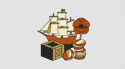 A stylized sailing ship, a wooden crate, a stack of gold coins, and a large orange flower.