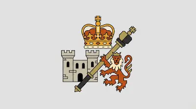 A stylized graphic featuring a gold crown, a grey stone castle, an orange lion, and a diagonal mace.