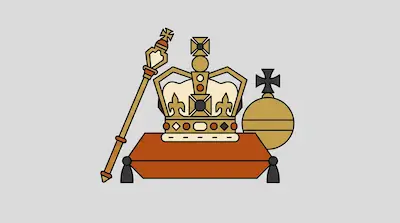 A gold crown, scepter, and orb rest on an orange cushion.