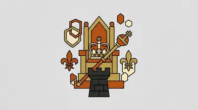 A crown resting on a pointed throne, a scepter with an orb, a dark castle tower, a shield, and two fleur-de-lis on either side.