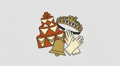 Flat illustration of a tiered orange cake, a golden crown, white gloves, and a bell on a light gray background