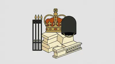 A crown, a bearskin hat, a black iron gate, and stone architectural blocks.