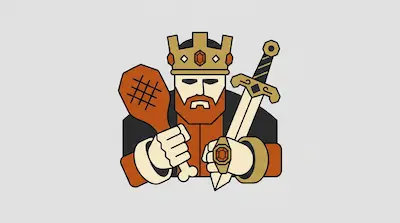 A stylized king with a red beard and crown holding a wooden club and a sword.