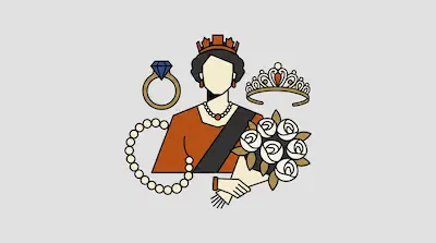 Flat illustration of a queen surrounded by a diamond ring, a tiara, and a bouquet of white roses on a gray background