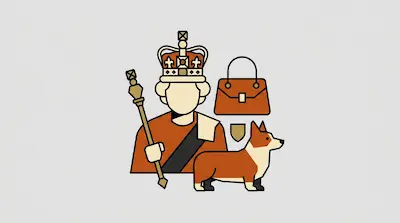 A stylized royal figure wearing a crown and holding a scepter, positioned next to a handbag and a corgi.