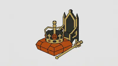 A gold crown rests on a red cushion next to a scepter, with a high-backed throne in the background.
