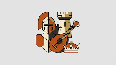 Flat illustration of a knight's helmet, a stone castle tower, a lute, and a crown in orange and cream tones