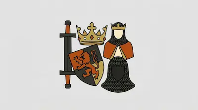 Flat illustration of a medieval shield with a lion, a golden crown, a sword, and chainmail armor on a gray background