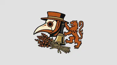 Flat illustration of a plague doctor mask, a heraldic lion, a bell, and a bundle of wheat on a light gray background
