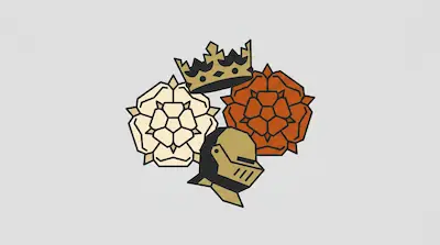 Flat illustration of a gold crown, a knight helmet, and two heraldic roses in white and orange on a gray background