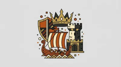 A gold crown above a striped shield, a longship with a red and cream striped sail, and a stone castle tower with battlements.