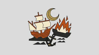 A brown sailing ship, a crescent moon, a burning ship, and an anchor on a grey background.