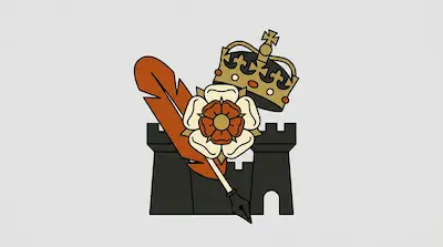 A dark gray castle silhouette with a white and orange rose, an orange quill pen, and a gold crown.