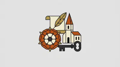 A stylized rose, a scroll with a quill, a church, and a key.