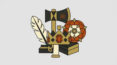 A stylized graphic featuring a double-headed axe, a jeweled crown, a quill pen, and a rose emblem.