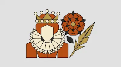 A stylized figure wearing a crown and a large ruff collar, positioned next to a rose and a quill pen.
