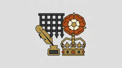Stylized icons of a black portcullis, a gold quill in an inkwell, a red and white rose, and a gold crown.