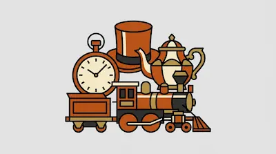 A pocket watch, top hat, teapot, and steam locomotive in a stylized graphic.