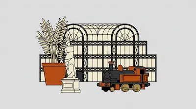 A large glass conservatory building stands behind a potted palm, a classical statue, and a small steam locomotive.