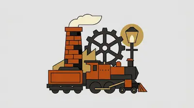 A stylized steam train positioned in front of a brick chimney, a large gear, and a glowing street lamp.