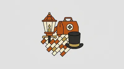 A lantern, a medical bag, and a top hat are arranged over a checkered pattern.