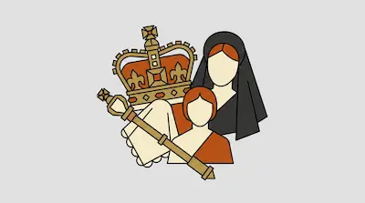 A gold crown and scepter are positioned next to two figures, one wearing a black veil.
