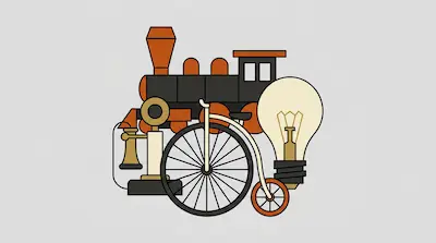 A steam locomotive, a penny-farthing bicycle, a candlestick telephone, and a light bulb are clustered together in a minimalist graphic.