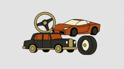 An orange sports car, a black vintage car, a steering wheel, and a tire are grouped together.
